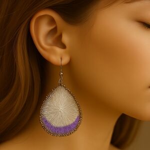 Artisan Silver Wire Teardrop Earrings – White & Purple Thread Detail - Jewelry